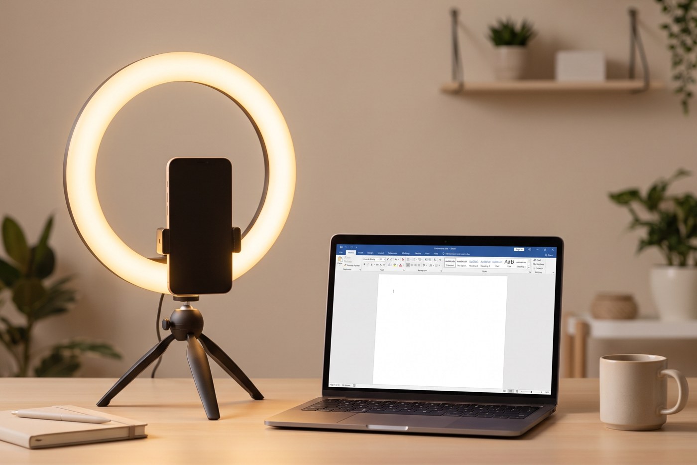 setup simples: ring light, celular ou notebook, fundo neutro